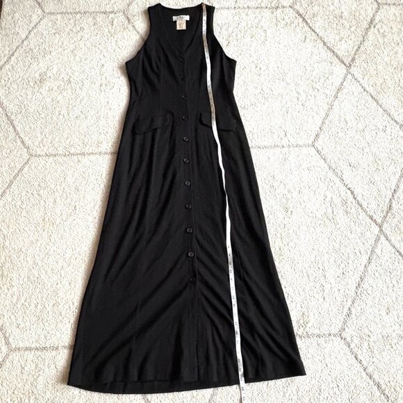 Vintage 90s Merino Wool Button-Front Maxi Dress Black Sleeveless Layering Staple - Picture 4 of 7